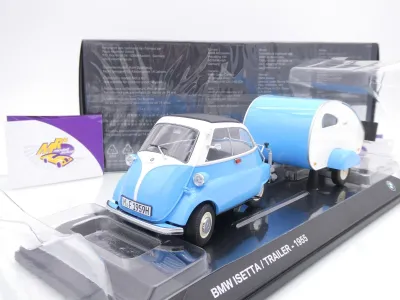 Preview: Minichamps 80435B5D028 # BMW Isetta mit Wohnwagen Baujahr 1955 " hellblau-weiß " 1:18