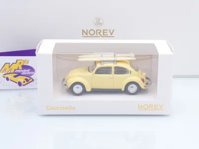 Preview: Norev 841007 # Volkswagen VW Käfer 1303 Baujahr 1973 " hellgelb " mit Surfbrett 1:43