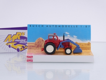 Preview: Busch 51352 # Belarus MTS-50 Traktor Frontlader mit Schaufel " rot-blau " 1:87