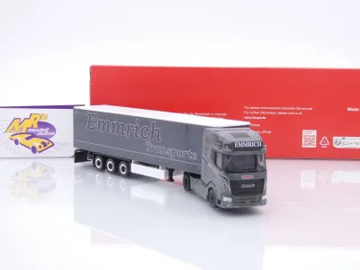 Preview: Herpa 320474 # DAF XG+ Gardinenplanen-Sattelzug " Emmrich Transporte " 1:87