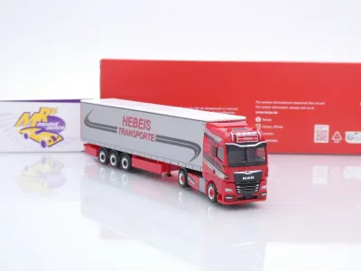 Preview: Herpa 320498 # MAN TGX GX Gardinenplanen-Sattelzug " Hebeis Transporte " 1:87