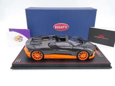 Preview: MR Collection BUG015WR # Bugatti W16 Mistral Cabrio 2023 Carbonschwarz-orange " World Record " 1:18