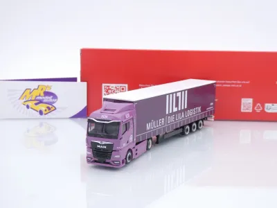 Herpa 320801 # MAN eTGX GM Volumenplanen-Sattelzug " Müller Lila Logistik " 1:87