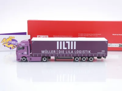 Preview: Herpa 320801 # MAN eTGX GM Volumenplanen-Sattelzug " Müller Lila Logistik " 1:87