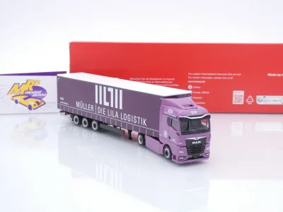 Preview: Herpa 320801 # MAN eTGX GM Volumenplanen-Sattelzug " Müller Lila Logistik " 1:87