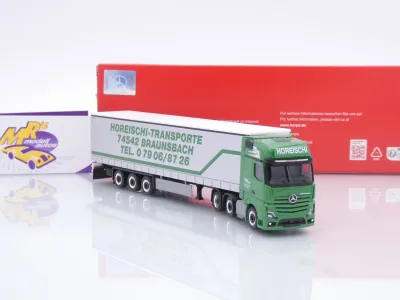 Preview: Herpa 320856 # Mercedes-Benz Actros Gardinenplanen-Sattelzug " Horeischi Transporte " 1:87