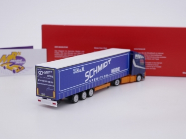 Preview: Herpa 315371 # Volvo FH GL Lowliner Gardinenplanenauflieger Schmidt Heide 1:87