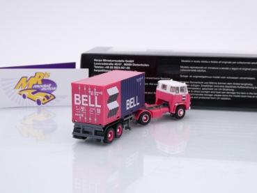 Preview: Herpa 87MBS026123 # Scania Vabis LB 76 Container-Sattelzug 2-achs/2-achs " van der Linden / Bell " 1:87