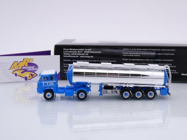 Preview: Herpa 87MBS026130 # Scania Vabis LB 76 Chromtank-Sattelzug 2-achs/3-achs " TTS Belgien " 1:87