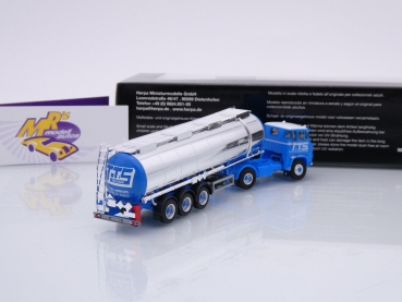 Preview: Herpa 87MBS026130 # Scania Vabis LB 76 Chromtank-Sattelzug 2-achs/3-achs " TTS Belgien " 1:87