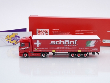 Preview: Herpa 316446 # Renault T facelift Gardinenplanen-Sattelzug " Schöni International " 1:87