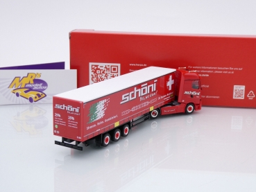 Preview: Herpa 316446 # Renault T facelift Gardinenplanen-Sattelzug " Schöni International " 1:87