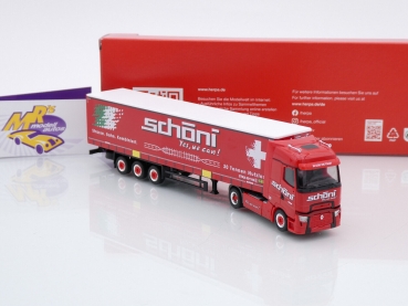 Preview: Herpa 316446 # Renault T facelift Gardinenplanen-Sattelzug " Schöni International " 1:87