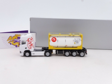 Preview: Herpa 944168 # Scania CS 20 HD 20ft. Tankcontainer-Sattelzug " Raffles Lease " 1:87