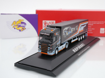 Preview: Herpa 122283 # Scania CR 20 HD Schubboden-Sattelzug " GULF / Le Mans / Repinski " 1:87