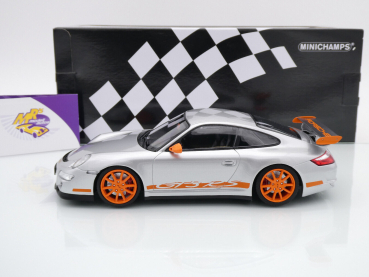 Preview: Minichamps 155062120 # Porsche 911 (997) GT3 RS Baujahr 2007 " silbermetallic-orange " 1:18