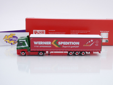 Preview: Herpa 317214 # Mercedes-Benz Actros Bigspace 15m Gardinenplanen(Lowliner)-Sattelzug " Spedition Werner " 1:87