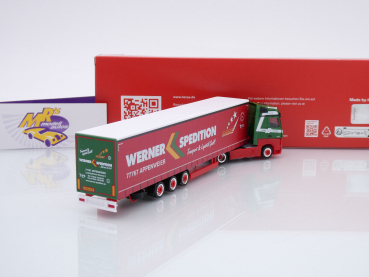 Preview: Herpa 317214 # Mercedes-Benz Actros Bigspace 15m Gardinenplanen(Lowliner)-Sattelzug " Spedition Werner " 1:87