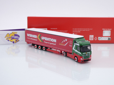 Preview: Herpa 317214 # Mercedes-Benz Actros Bigspace 15m Gardinenplanen(Lowliner)-Sattelzug " Spedition Werner " 1:87