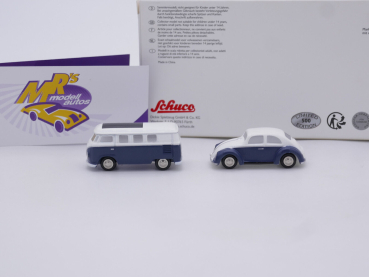 Preview: Schuco Piccolo 05146 # MHI Set Piccolo Volkswagen-Set VW T1b Samba und VW Käfer " dunkelblau-weiß "