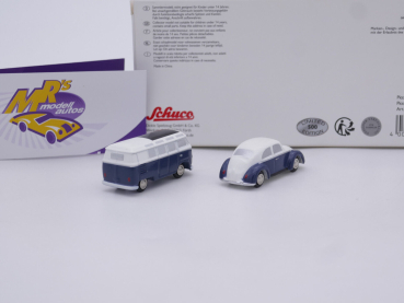 Preview: Schuco Piccolo 05146 # MHI Set Piccolo Volkswagen-Set VW T1b Samba und VW Käfer " dunkelblau-weiß "