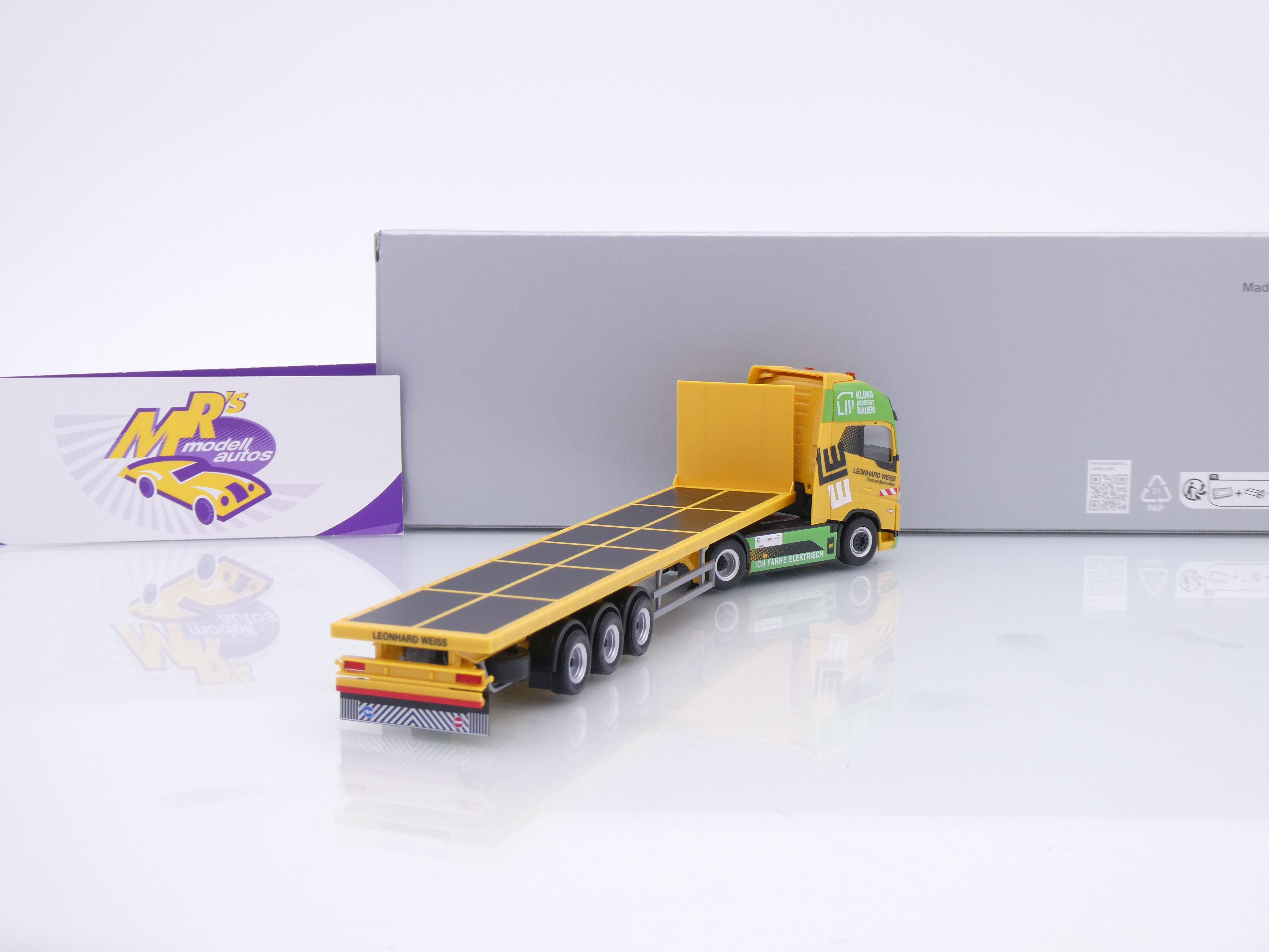 Camion Herpa Volvo FH 6x4 Leonhard Weiss 1/87 – Porte-engin 3 Essieux, Miniature Jaune