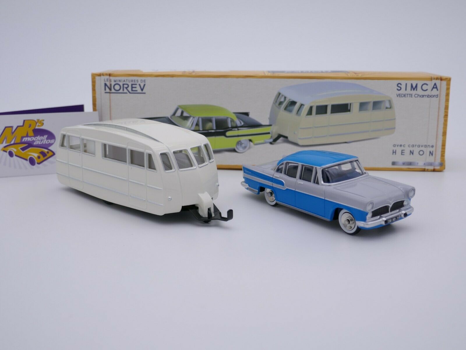Rare Norev 1/43 - Simca Chambord Bicolore + Caravane Henon (1963, Plastique)