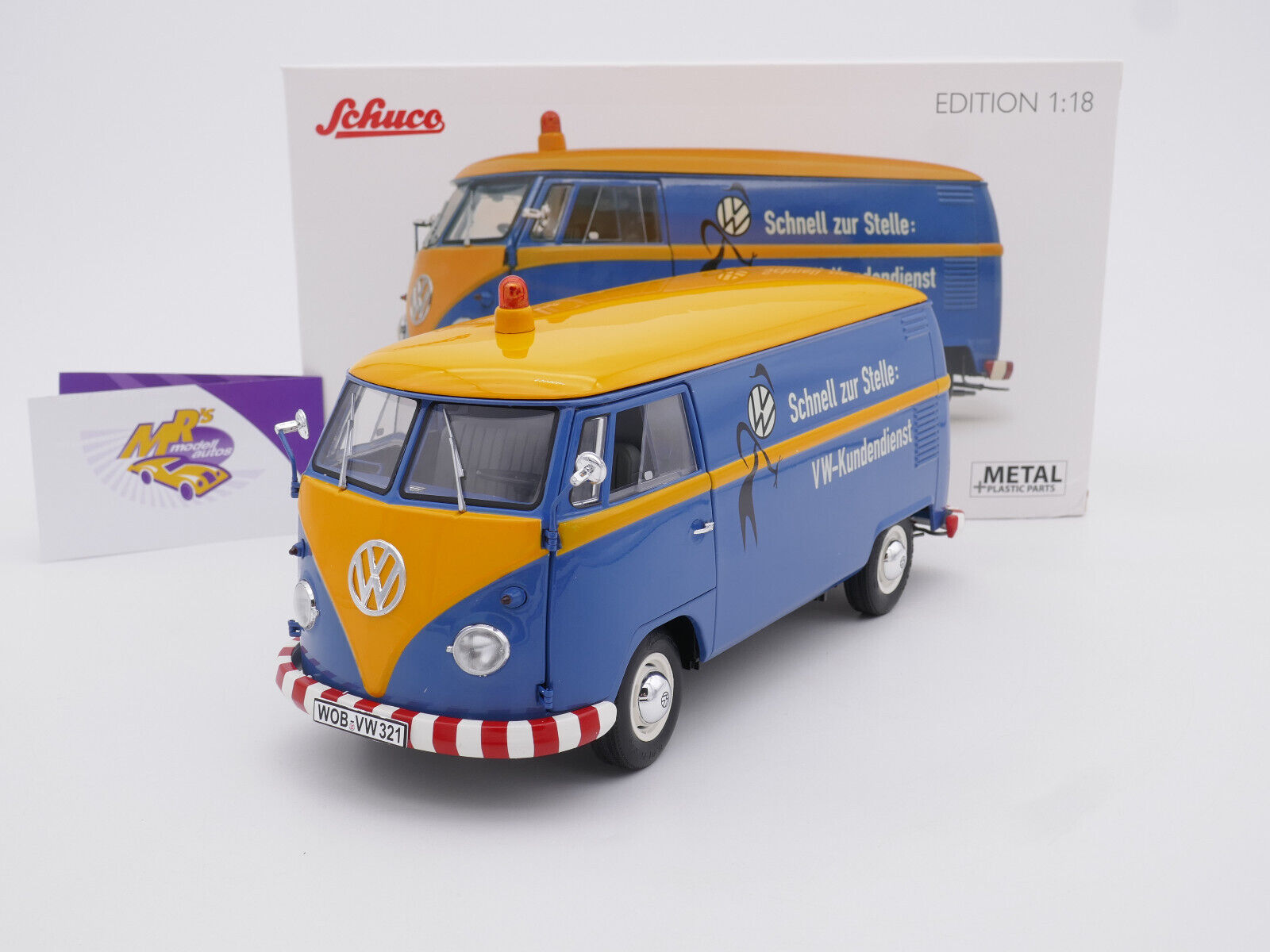 MRs Modellautos Ihr Modellauto Spezialist - Schuco 00484 # VW Bus T1b  Kasten Baujahr 1960 blau-gelb  VW-Kundendienst  1:18