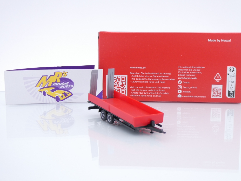 Herpa 076913-002 # LKW 2achs Tiefladetandemanhänger + Auffahrrampen " rot " 1:87