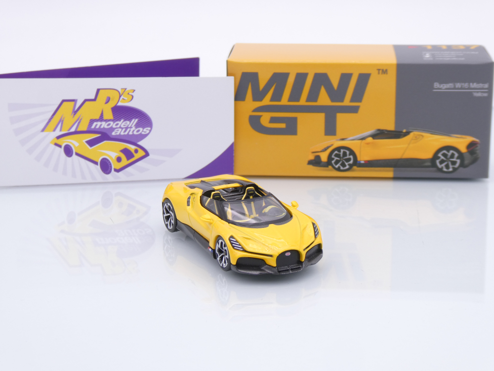 TSM MINI GT MGT01137-L # Bugatti W16 Mistral Cabrio Baujahr 2023 LHD " gelbmetallic-carbon ( Yellow / Carbon ) " 1:64