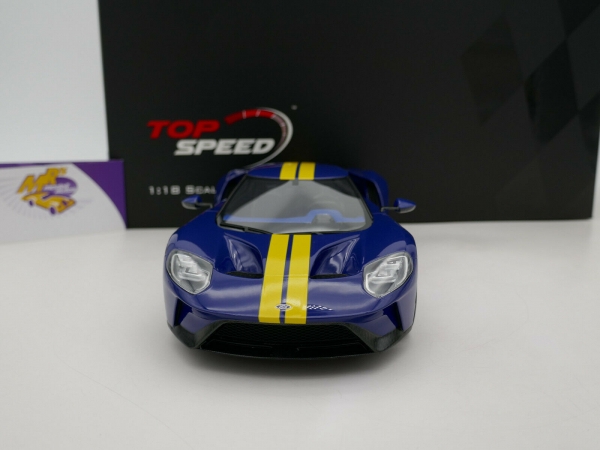Top Speed TS0305 # Ford GT Baujahr 2020 " sunocoblau + gelbe Streifen " 1:18