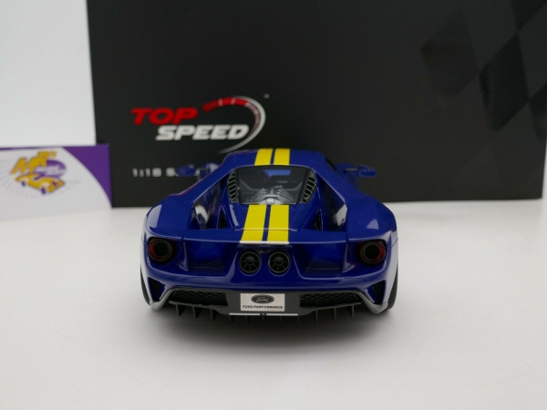 Top Speed TS0305 # Ford GT Baujahr 2020 " sunocoblau + gelbe Streifen " 1:18
