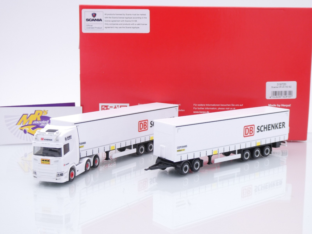 Herpa 319720 # Scania CR 20 Gardinenplanen-SZ + Anhänger " DB Schenker " 1:87