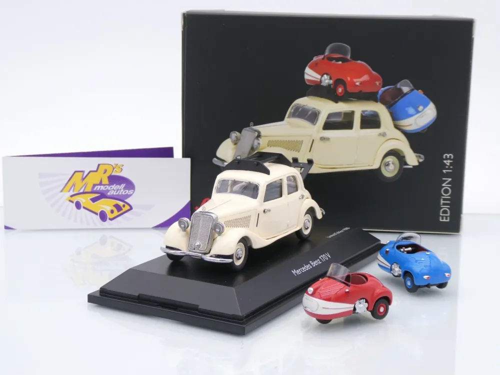 Black Deal Schuco 02270 # Mercedes Benz 170V mit 2x Brütsch Mopetta beladen 1:43